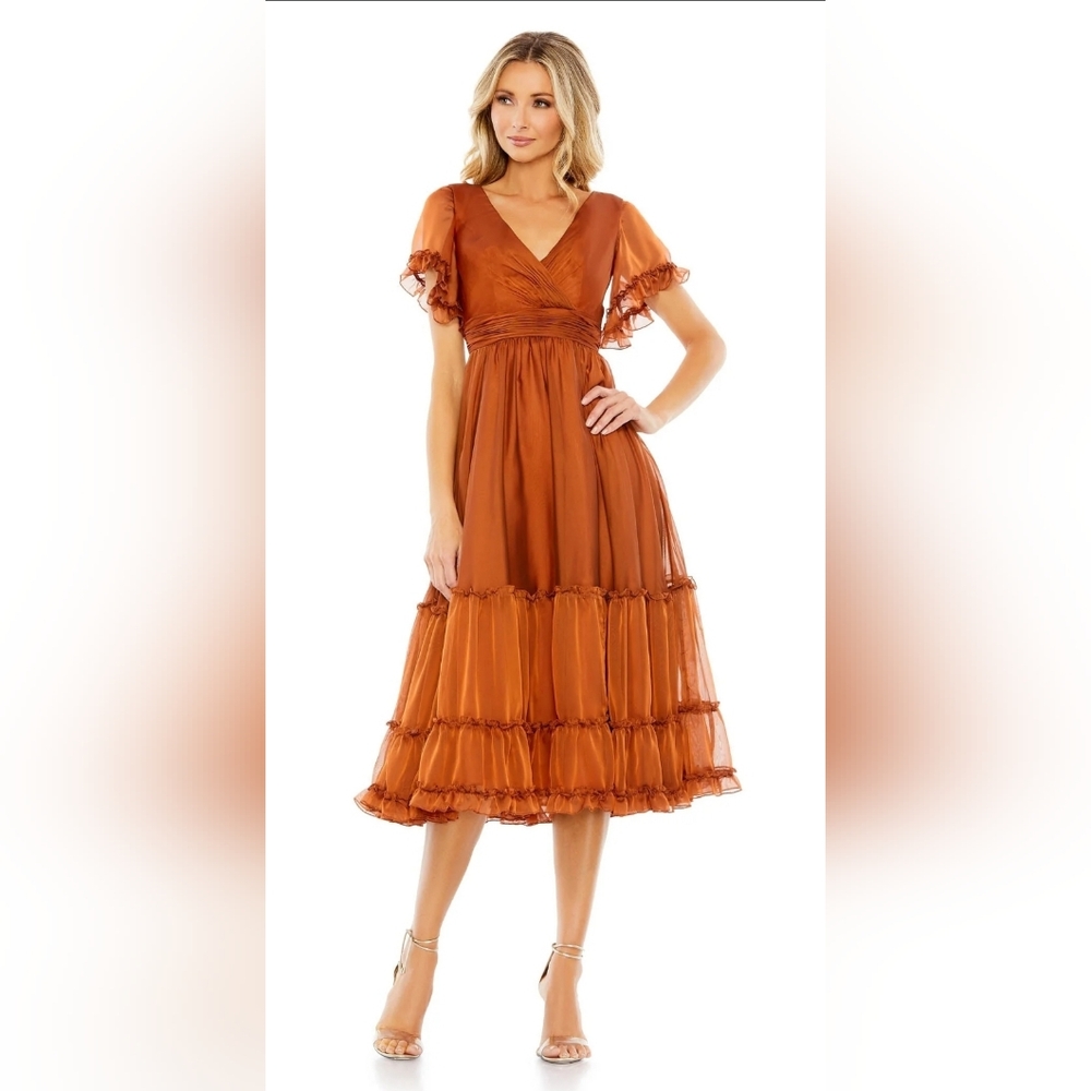 Mac DuggalTea Length Ruffled Dress w/ Sheer Flutter Sleeves size 16